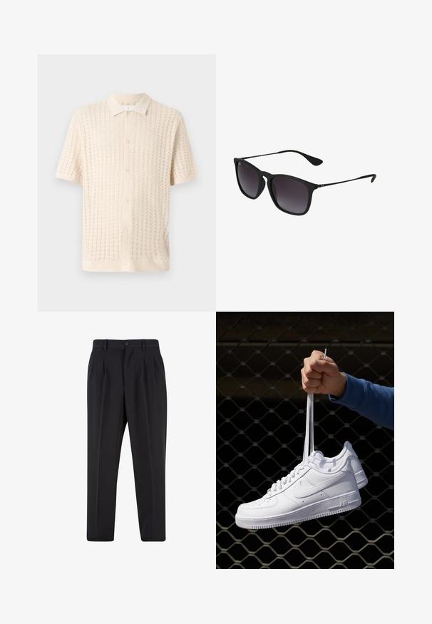 Kurzärmliges Button-Down-Hemd in hellem Creme, mit einem strukturierten Strickmuster, Kragen und fünf Knöpfen an der Vorderseite.; Schwarze Hose mit plissiertem Vorderdesign, aus glattem Stoff gefertigt. Mit Knopfverschluss und Gürtelschlaufen; gerade Passform.; Weiße Leder-Sneaker mit Perforationen, runder Zehenpartie, flacher Sohle und dicken Schnürsenkeln, mit sichtbar eingesticktem Swoosh-Logo und "AIR" an der Ferse.; Schwarze Sonnenbrille mit einem schlanken Kunststoffrahmen, dunklen Verlaufslinsen, geometrischer Form und charakteristischem Branding am Bügel.