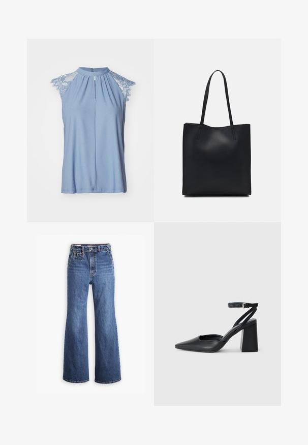 Top senza maniche di colore azzurro chiaro con maniche in pizzo, scollatura alta, piega anteriore e chiusura con bottone sul retro. Tessuto morbido e liscio.; Jeans in denim blu a vita alta con design a gamba larga, dotati di tasca frontale, chiusura con bottone in ottone e cuciture a contrasto.; Pump in pelle nera con punta affusolata, cinturino alla caviglia e tacco spesso. Texture piatta, design elegante ed estetica minimalista.; Borsa tote in pelle nera con texture liscia, forma rettangolare e due manici lunghi. Nessun hardware o decorazione visibile.
