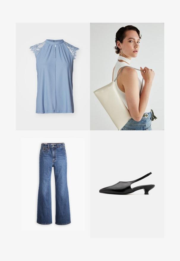 Haut sans manches bleu clair avec des manches en dentelle, encolure haute, plis à l'avant et fermeture à boutons au dos. Tissu doux et lisse.; Jean en denim bleu taille haute avec une coupe large, équipé d'une poche avant, d'une fermeture à bouton en laiton et de surpiqûres contrastantes.; Escarpins noirs en cuir avec un bout pointu, des côtés ouverts et un petit talon évasé. Texture lisse et design minimaliste.; Pochette rectangulaire blanche en matériau brillant, avec une bandoulière en chaîne argentée. Le modèle pose en mettant en valeur le sac contre un fond uni.