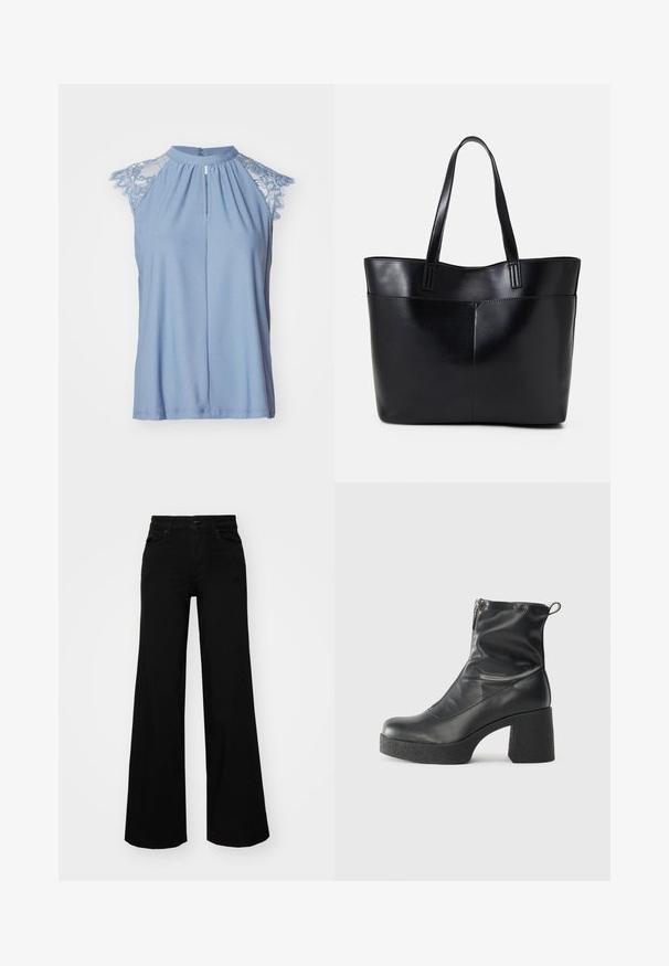 Svetlomodrý tielko bez rukávov s čipkovými ramienkami, vysokým výstrihom, skladom vpredu a gombíkovým zapínaním na zadnej strane. Jemná, hladká látka.; Čierne široké nohavice z denimu s pevným pásom, pútkami na opasok a prednými vreckami. Hladká štruktúra s klasickým dizajnom.; Čierne členkové topánky z hladkej kože, so bočným zipsom, robustnou textúrovanou pätnou časťou a zaobleným dizajnom špičky.; Čierna kožená tote taška s dvoma dlhými rúčkami, hladkým povrchom a štruktúrovaným tvarom. Obsahuje prednú kapsu pre dodatočné uskladnenie.