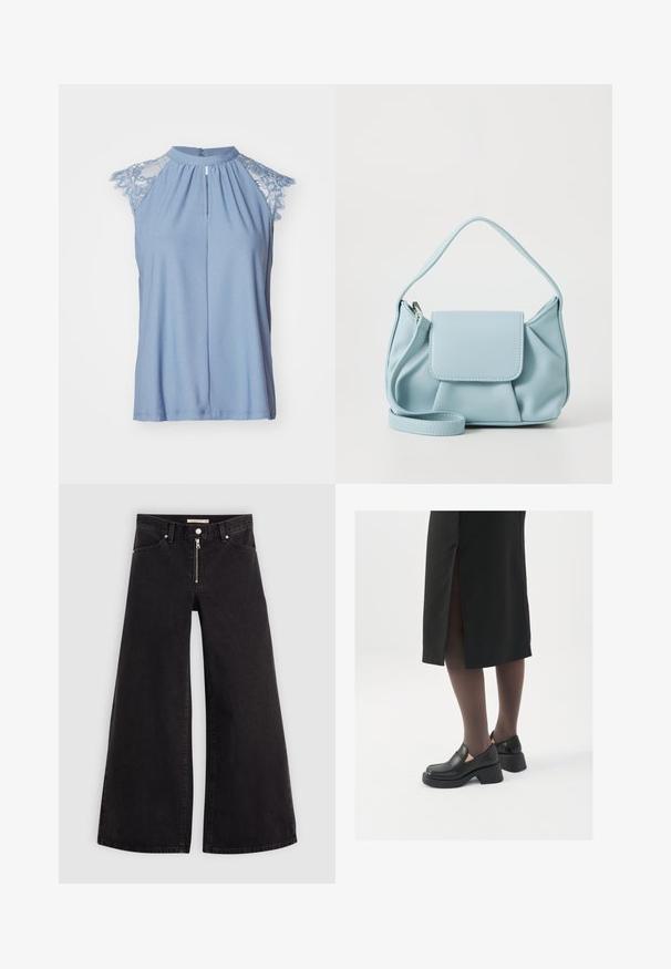 Šviesiai mėlynas be rankovių viršus su nėrinių apykaklėmis, aukštu kaklu, priekiu su klostėmis ir mygtukų uždarymu nugaros pusėje. Minkšta, lygi medžiaga.; Plačios kojų džinsai iš juodo džinsinio audinio su užtrauktuku priekyje, penkių kišenių dizainu ir subtiliais siuvinėjimo akcentais. Lygus paviršius ir laisvalaikio stilius.; Juodos odinės bateliai su apvaliu nosiu, stora blokine pakulne ir elastingais šonais, derinami su tamsiomis pėdkelnėmis ir juoda sijonu su plyšiu.; Šviesiai mėlynas odinis rankinės maišas su viršutiniu rankenėle, priekinė kišenė su užklotu ir nuimamu riešo dirželiu ant baltos fono.