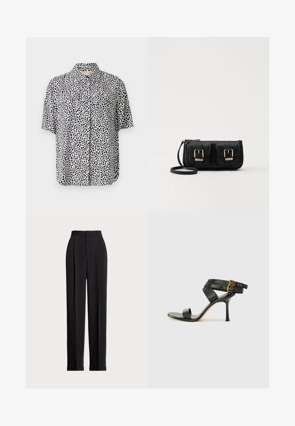 Trumpas rankovėmis marškiniai iš lengvos medžiagos, su juodų taškų raštu ant balto fono, turintys dvi frontines kišenes ir apykaklės iškirpimą.; Juodos pritaikytos kelnės su aukštu liemeniu, su klostėmis priekyje, tiesaus kirpimo ir užlenktais kraštais. Pagamintos iš lygaus audinio.; Juodi kulniškų sandalai su kryžminėmis juostelėmis ir reguliuojamu sagtimi. Ypatybė – lygus paviršius ir siauras smailas kulnas.; Juodas odinis per petį nešiojamas krepšys su dviem priekiniais kišenėmis, auksiniais sagtimis, užtrauktuko uždarymu ir siauromis petnešomis. Textūruota paviršius ir kompaktiškas stačiakampis formatas.