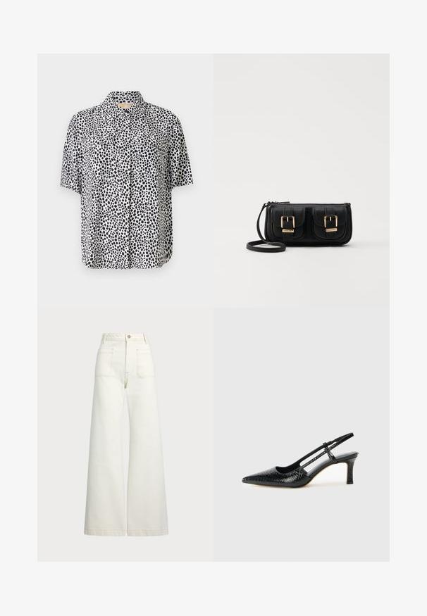 Camisa de mangas curtas em tecido leve, com um padrão de pontos pretos sobre um fundo branco, duas bolsos frontais e decote com colarinho.; Jeans de perna larga em denim off-white. Design de cintura alta com fecho de botão, dois bolsos frontais e detalhes de costura em contraste.; Salto slingback em patente preta com bico apontado, apresentando um padrão de pele de cobra texturizado, tira ajustável e um salto bloco curto e texturizado.; Bolsa de ombro em couro preto com dois bolsos frontais, fivelas douradas, fecho de zíper e uma alça fina. Superfície texturizada e forma retangular compacta.
