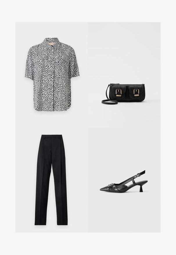 Short-sleeve shirt in lightweight fabric, featuring a pattern of black dots on a white background, with two front pockets and a collared neckline.; Black trousers made from smooth fabric featuring a high waist, wide legs, front pleats, and classic belt loops. No side pockets visible.; Black leather slingback shoe with a pointed toe, decorative straps featuring metal eyelets, and a low block heel. Textured surface.; Black leather crossbody bag with two front pockets, gold buckles, zipper closure, and a slim strap. Textured surface and compact rectangular shape.