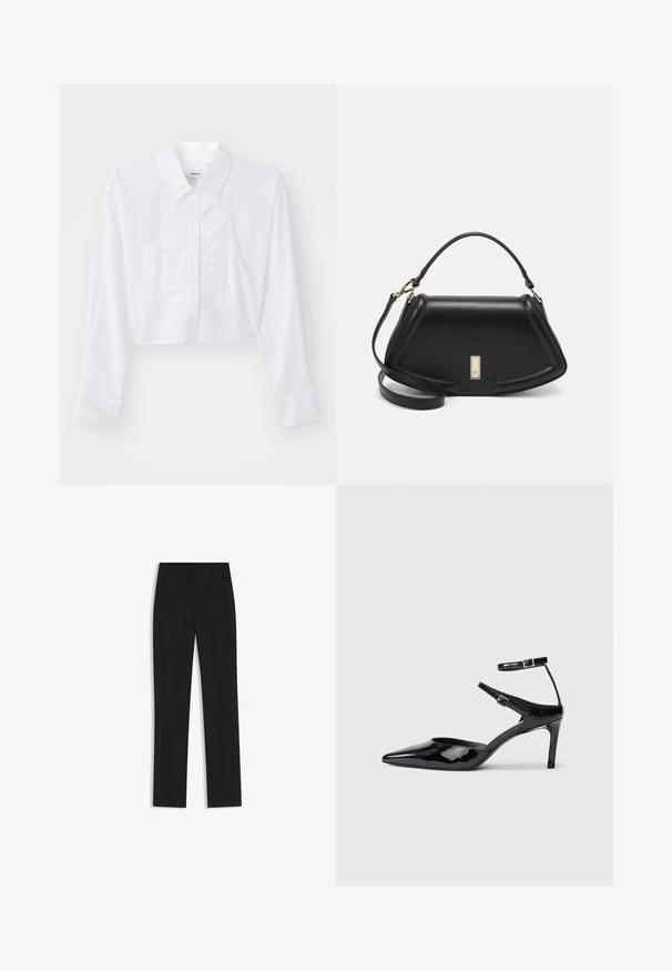 Camicetta bianca cropped in cotone liscio, con dettagli arricciati frontali, colletto a punta e maniche lunghe con polsini abbottonati.; Pantaloni neri su misura con un design a gamba dritta, dotati di tasche frontali e un tessuto liscio e strutturato. Dettagli ordinati e minimalisti.; Décolleté in pelle eco-patent nera con punta affilata, cinturini alla caviglia regolabili e tacco sottile. Texture liscia con una finitura lucida.; Borsa a mano in pelle nera con un design strutturato, caratterizzata da una forma corta, manico superiore e accessori in metallo dorato. Inclusa tracolla regolabile.