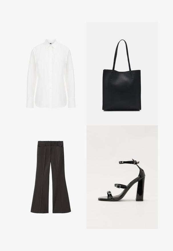 Weißes Langarmhemd aus Baumwolle mit klassischem Kragen, vorderen Knöpfen und geradem Saum mit leicht abgerundeten Kanten.; Schwarze, weit geschnittene Hosen mit hoher Taille; verfügt über zwei Fronttaschen und eine glatte Stoffoberfläche. Geeignet für verschiedene Anlässe.; Schwarze Lackleder-Sandalen mit hohen Absätzen, zwei Riemen mit Schnallen, quadratischer Zehenpartie und klobigem Blockabsatz, mit einer glatten, glänzenden Textur.; Schwarze Laptoptasche aus Leder mit glatter Textur, rechteckiger Form und zwei langen Griffen. Keine sichtbaren Beschläge oder Verzierungen.