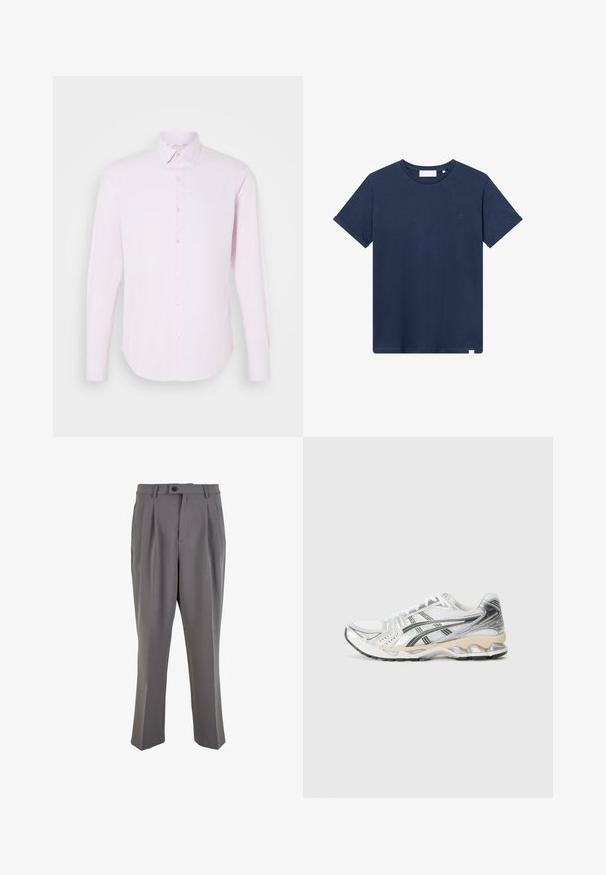 Svetlo roza majica z dolgimi rokavi in gumbom, pikast ovratnik in gladka tekstura. Ima subtilne navpične črte ter ožji kroj.; Temno modra bombažna majica s krožnim ovratnikom, kratkimi rokavi in majhnim vezenim logotipom na levem prsnem delu. Gladka tekstura.; Sive plisirane hlače iz gladkega materiala, s pravim krojem, enim gumbom za zapiranje in zankami za pas. Minimalističen dizajn.; Bela atletska obuća s srebrnimi in črnimiDetajli, mrežast zgornji del, teksturiran dizajn, oblazinjen podplat in prilagodljiv profil profila.