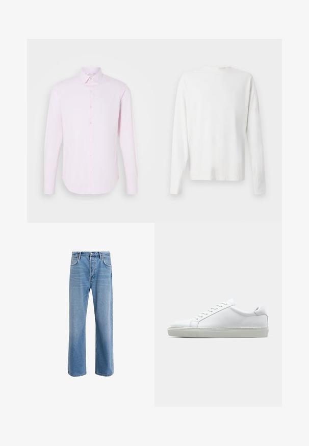 Lichtroze lange mouwen shirt met knoopsluiting, puntkraag en een gladde textuur. Heeft subtiele verticale strepen en een taps toelopende pasvorm.; Witte katoenen blouse met lange mouwen en een ronde halslijn, met zijsplitten aan de onderkant en een gladde textuur, vanuit de achterkant weergegeven.; Lichtblauwe denim jeans met een straight-leg ontwerp, vijf zakken, knoopsluiting, minimale vervaging en contrasterende stikseldetails.; Witte sneaker met een gladlederen bovenwerk en een laag profiel. Voorzien van een ronde neus, zes vetergaatjes en een gestructureerde rubberen zool.