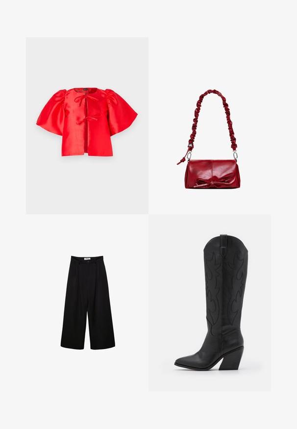 Blusa rossa di satin con maniche corte e voluminosi e chiusura anteriore con nodo. Tessuto liscio e design cropped, con scollatura aperta.; Pantaloni neri a gamba larga con vita alta, fronte pieghettato e chiusura con bottone. Realizzati in tessuto morbido con un design sartoriale.; Stivale da cowboy in pelle nera con punta affilata, tacco impilato affusolato e cuciture decorative lungo i lati.; Borsa a tracolla in pelle rossa con una tracolla arricciata e un fiocco decorativo sul davanti. Texture liscia, forma rettangolare, dettagli in metallo argentato.