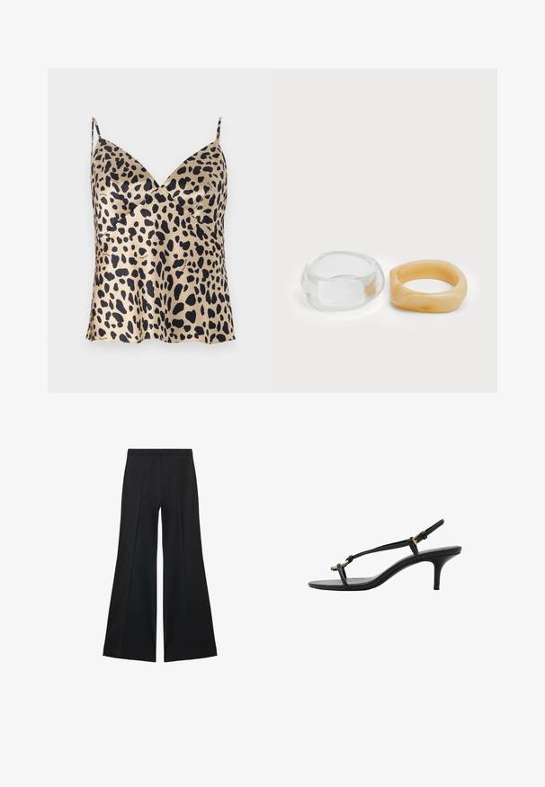 Beige en zwarte panterprint cami-top van satijnmateriaal, met een v-halsontwerp, dunne schouderbanden, een vloeiende zoom en subtiele merkaanduiding.; Zwarte wijde-pijpen broek met een gladde textuur, gekenmerkt door voorplooien en een op maat gemaakte uitstraling. De stof is lichtgewicht en vloeiend.; Zwarte leren kitten heel sandaal met dunne banden, gouden gesp en minimalistische teenlus op een witte achtergrond.; Heldere en amber harsringen, de ene glad en transparant, de andere met een gestructureerde, amberkleurige afwerking. Beide hebben afgeronde, chunky ontwerpen.