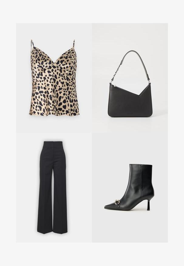 Camisola z leopardskim vzorcem v bež in črni barvi, satenska tkanina, načrt v obliki črke V, tanke ramenske naramnice, s penastim robom in diskretnim logotipom.; Široke hlače iz črnega blaga z visokim pasom, s čisto obdelavo in gladko teksturo. Brez vidnih dodatkov ali vzorcev.; Črne usnjene gležnjarje s koničastim nosom, ozkim srednjem petam in srebrno zaponko na strani na enobarvni podlagi.; Črna usnjena torbica s trikotno obliko, ozkim trakom in srebrnimi dodatki. Ima zadrgo in vtisnjen logotip spredaj.