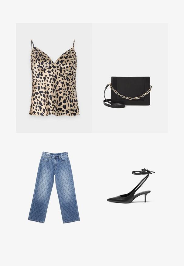 Läderskärning i leopardmönster i beige och svart, satängmaterial, v-ringad design, tunna axelremmar, med en flytande nederkant och subtilt varumärkesdetalj.; Breda denimjeans i ljusblått med ett kviltat diamantmönster, featuring fem fickor och en knappstängning i midjan.; Svart lädersandalett med spetsig tå, öppen baksida och ankelremmar som är knutna i en rosett. Smal 3-tums klack. Slät textur, minimalistisk design.; Svart läder crossbody-väska med en slät yta, rektangulär form och metallickedjedetalj på framsidan. Justerbar rem ingår.