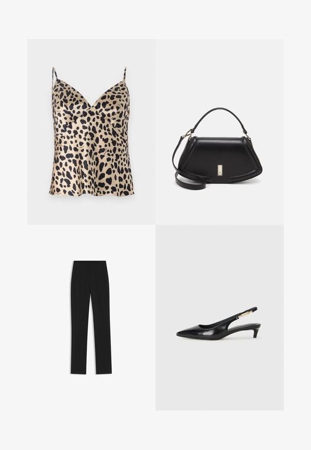 Leopardenmuster-Camisole in Beige und Schwarz, aus Satinmaterial, mit V-Ausschnitt, dünnen Schulterträgern, fließendem Saum und subtilen Markendetails.; Schwarze maßgeschneiderte Hose mit geradem Bein, ausgestattet mit Fronttaschen und einem glatten, strukturierten Stoff. Saubere, minimale Details.; Schwarze Leder-Slingback-Pumps mit spitzem Schuhblatt, ausgestattet mit einem schlanken Absatz und einem goldfarbigen Akzent am verstellbaren Riemen. Glatte Textur.; Schwarze Lederhandtasche mit einem strukturierten Design, das eine verkürzte Form, einen oberen Griff und goldfarbene Hardware-Details aufweist. Verstellbarer Schulterriemen ist enthalten.