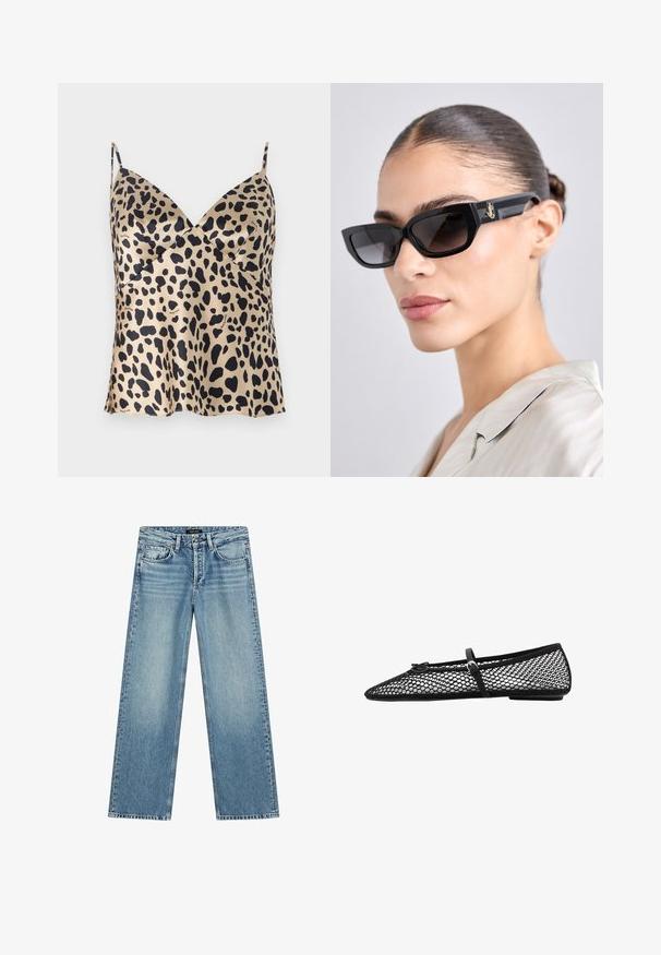 Camisola in stampa leopardata beige e nera, in materiale satinato, design a scollo a V, spalline sottili, con orlo fluente e dettaglio di branding sottile.; Jeans azzurri a gamba larga realizzati in denim. Presentano cinque tasche, chiusura con bottone e una leggera scoloritura che conferisce un aspetto strutturato.; Ballerina nera in rete con punta affusolata, cinghia decorativa e accento sottile. Presenta un design a rete aperta e suola piatta.; Occhiali da sole rettangolari neri con lenti oscurate, caratterizzati da montature spesse e dettagli in metallo dorato sulle tempie. Texture liscia e lucida.; Borsa a tracolla intrecciata marrone con silhouette arrotondata, dotata di manico superiore e superficie testurizzata. Design compatto con base piatta per maggiore stabilità.