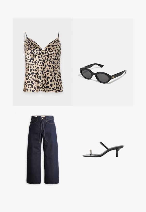 Beige en zwarte panterprint cami-top van satijnmateriaal, met een v-halsontwerp, dunne schouderbanden, een vloeiende zoom en subtiele merkaanduiding.; Wijd pijpjes donkerblauwe denim jeans met een hoge taille, voorzien van een trekkoord, vijf zakken en contrasterende stiksels.; Zwarte hoge sandaal met een slank ontwerp, voorzien van dunne banden en een unieke frontaccent. Glad textuur met een spitse neus en een hak van 7,5 cm.; Zwarte ovale zonnebril met donkere glazen en een glanzend kunststof frame. Heeft een gouden logo op de poot, dat een strakke en moderne uitstraling biedt.; Zwarte geweven tote bag met dubbele handvatten en een afneembare schouderriem. Heeft een open bovenkant en een gestructureerd, lichtgewicht materiaal.