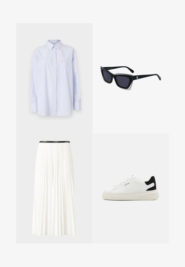 Heledsinine ja valge triibuline nööpiga särk, millel on klassikaline krae, pikad varrukad, ees tasku ja väike logo silt.; Kurtitudega valge seelik musta elastse vööga, millel on "LACOSTE" logo. Keskmise pikkusega disain pehme tekstuuriga.; Valged nahast tennisetossud paksu valge tallaga, musta sametist kontsakeeuga ja külje peal riigilogo reljeefne kujundus. Lukkeskeem kuue silmaauguga.; Mustad suured mustad prillid geomeetrilise kujuga, tumedate läätsedega ja kontrastse halli detailiga raamidel. Logo käe peal.