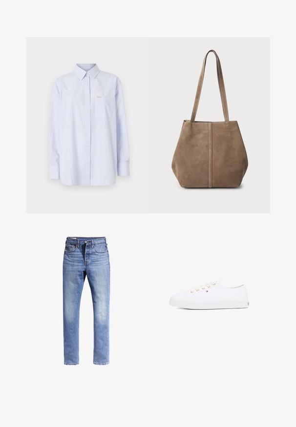 Jasnoniebieska i biała koszula z długim rękawem, z klasycznym kołnierzykiem, kieszonką z przodu oraz małą metką z logo.; Jasnoniebieskie dżinsy z prostymi nogawkami, pięcioma kieszeniami i kontrastowym przeszyciem. Materiał wydaje się lekko postrzępiony.; Białe płócienne sneakersy z złotymi oczkami, płaskimi sznurowadłami, teksturowaną gumową podeszwą i minimalnym logo po bokach. Niska sylwetka.; Brązowa torebka tote z zamszu z dwiema długimi rączkami, pionowym szwem z przodu i miękką fakturą. Przestronny design odpowiedni do codziennego użytku.