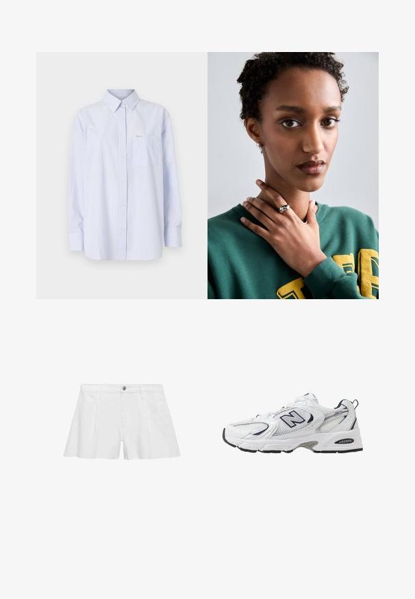 Ljusblå och vit randig skjorta med knappar, med klassisk krage, långa ärmar, en framficka och en liten logotagg.; Vita bomullsshort med avslappnad passform, med framfickor, knappstängning och platta sömmar för en smidig finish.; Vit sportskor med överdel i mesh, marinblå accenter och dämpad sula. Har "N"-logotyp, snörning och texturerad detalj på sidan.; Silver ring med en slät, böjd design och en stjärndetalj. Modell som bär en grön sweatshirt med gul text, händerna nära halsen.