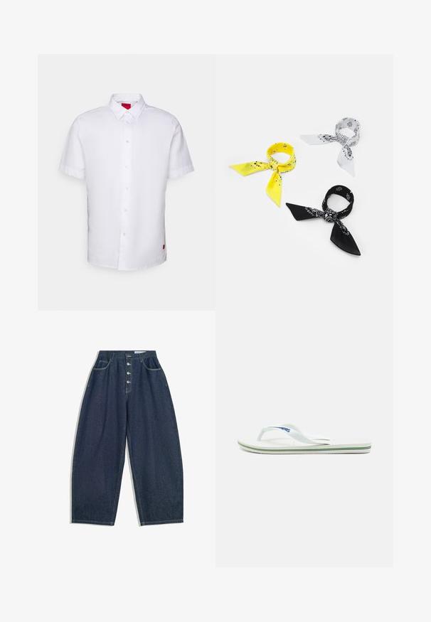 Camicia bianca a maniche corte in cotone, con chiusura a bottoni, colletto a punta e un piccolo tag rosso di lato.; T-shirt bianca a maniche lunghe realizzata in morbido cotone. Collo a girocollo con orli dritti e senza motivi o grafiche visibili.; Pantaloni larghi in denim blu scuro con vita alta, chiusura a cinque bottoni e cinque tasche. Presentano accenti di cucitura sulle cuciture.; Infradito bianchi con una soletta testurizzata, strap sottile e una linea di accento multicolore sulla suola. Presenta il logo sulla fascia.; Tre bandane: una gialla con motivi neri, una bianca con disegni neri e una nera con grafiche bianche. Tutte sono quadrate e in tessuto leggero.