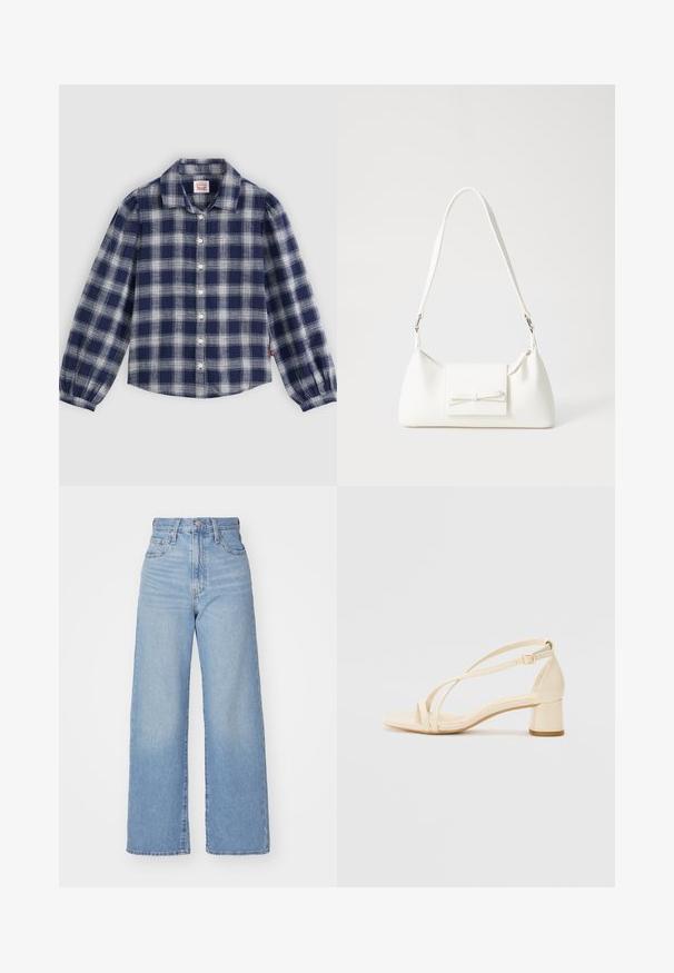 Langarmhemd in Marineblau und Weiß mit Karomuster, Knopfverschluss, klassischem Kragen und gerafften Manschetten. Hergestellt aus leichtem Stoff.; Hellblaue High-Waist-Weite-Leg-Jeans mit Knopf- und Reißverschluss vorne, Vorder- und Rückentaschen, auf weißem Hintergrund.; Beige Sandalen mit Absatz, Blockabsatz, Riemchen-Design und verstellbarem Knöchelriemen, aus glattem synthetischem Material mit matter Oberfläche.; Weiße synthetische Handtasche in dreieckiger Form, flache Vorderklappe und Schleifendetail, verstellbarer Trageriemen, glatte Textur und minimalistisches Design.