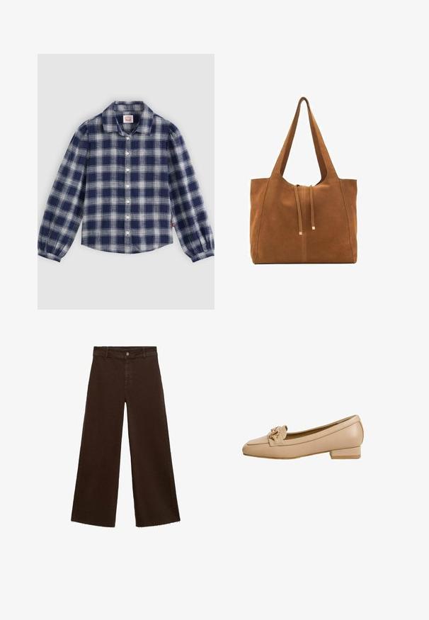 Cămașă cu mânecă lungă, în carouri albastre și albe, cu închidere butonată, guler clasic și detalii cu manșete plisate. Fabricată dintr-un material ușor.; Pantaloni largi maro dintr-un amestec de bumbac, cu un tiv desfăcut, închidere cu buton frontal și un design clasic cu cinci buzunare. Minimalist și versatil.; Mocasini din piele bej cu bot pătrat, toc plat și o curea decorativă în față, ce prezintă un detaliu de lanț de culoare aurie. Textură netedă.; Geantă tote din suede maro cu două mânere lungi, închidere prin șnur și un design minimalistic. Textură netedă și fără accente vizibile de hardură.