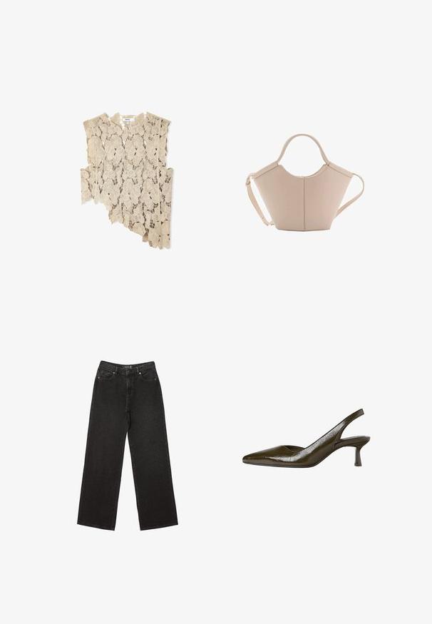 Beiges Spitzentop mit filigranen Blattmustern, asymmetrischer Form und Fransenverzierungen am Saum. Leichter und strukturierter Stoff.; Schwarze weit geschnittene Jeans aus Denim, mit kleinen gepunkteten Mustern, klassischem Fünf-Taschen-Design und einem Knopf- und Reißverschluss.; Olivgrüner Slingback-Pump mit spitzer Zehenform und niedrigem, schlankem Absatz. Glänzende Textur mit leicht gewelltem Finish.; Beige Lederhandtasche mit einer einzigartigen Form, die zwei kurze Henkel und einen langen verstellbaren Riemen aufweist. Glatte Textur mit minimalen Hardware-Elementen.