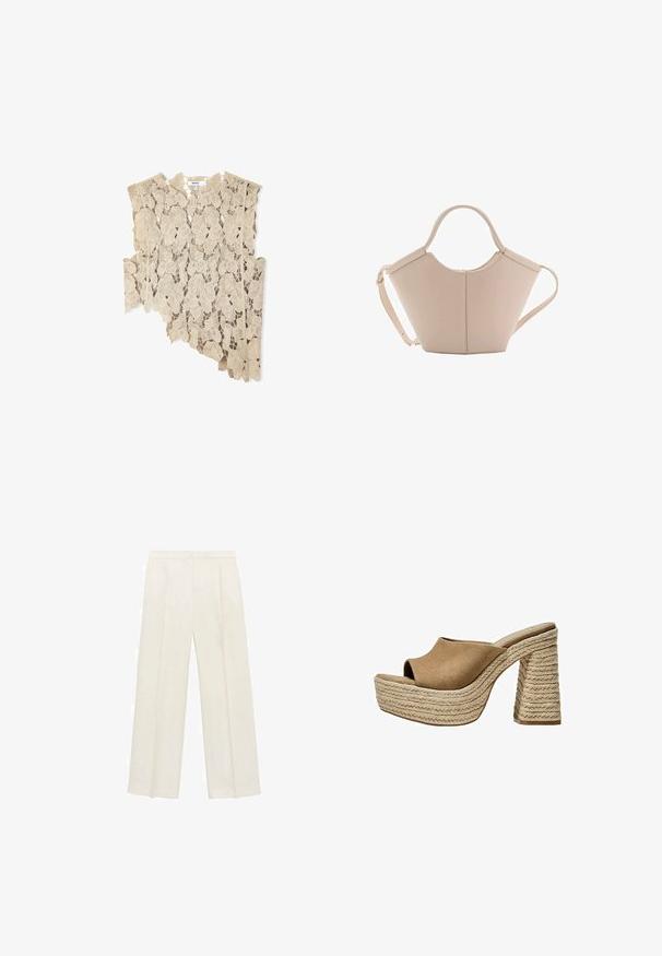 Beige kanttop met ingewikkelde bladdesigns, asymmetrische vorm en franjes aan de zoom. Lichtgewicht en gestructureerde stof.; Wijdgevallen broeken in een lichtcrème kleur. Gemaakt van een zachte stof met plooien aan de voorkant en zijzakken.; Bruine suède platform mules met een open teen, voorzien van een stevige gevlochten jute hak en een glad, rond ontwerp aan de bovenkant.; Beige leren handtas met een unieke vorm, voorzien van twee korte handvatten en een lange verstelbare schouderriem. Glad oppervlak met minimale hardware.