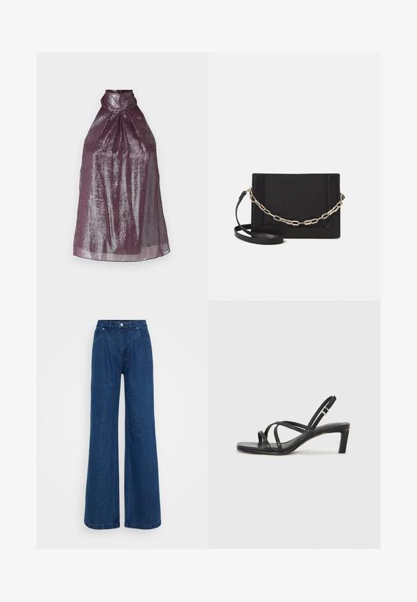 Sleeveless halter top in deep plum with metallic sheen. Features a pleated design and high collar, creating a structured silhouette.; Wide-leg blue denim jeans with a high waist, front button and zipper closure, and front and back pockets against a plain background.; Black strappy sandal with a square toe and a low block heel. Features multiple thin straps and an adjustable ankle strap. Made of smooth leather.; Black leather crossbody bag featuring a smooth texture, rectangular shape, and a metallic chain detail on the front. Adjustable strap included.