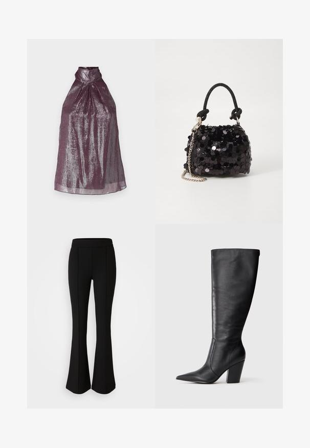 Halter top bez rukávov v hrejivej slivkovej farbe s metalickým leskom. Obsahuje prekladaný dizajn a vysoký golier, čím vytvára štruktúrovanú siluetu.; Čierne rozšírené nohavice vyrobené z elastického materiálu s hladkou textúrou, so švovými detailmi pozdĺž prednej časti pre zvýraznenie dizajnu.; Čierna kožená čižma po kolená s špicatou špičkou a masívnym vysokým podpätkom, zobrazená v profilu zľava na bielom pozadí.; Čierna mini kabelka so štrasom, s uzlovým textúrovaným popruhom a strieborným reťazom. Guľatý tvar s riaseným vrchom a reflexnými detailmi.