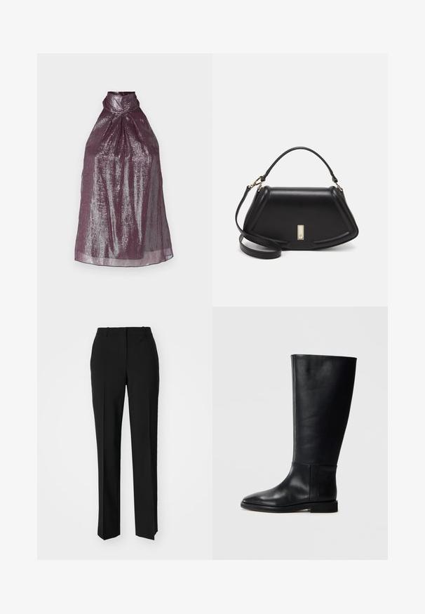 Hihaton halterneck-top syvällä luumuvärillä ja metallinhohteella. Sisältää pleatattua muotoilua ja korkean kauluksen, luoden jämäkän siluetin.; Mustat räätälöidyt housut suoraa lahjetta, joissa on sileä pinta ja terävät taitteet edessä. Ei näkyvää metalliosaa.; Mustat nahkaiset polvipituiset saappaat, joissa on pyöreä kärki, sileä pinta, minimalistinen muotoilu ja tasapohja. Yksinkertaiset sauman yksityiskohdat varressa.; Mustalla nahkalaukulla, jossa on jämäkkä muotoilu, lyhyt malli, yläkahva ja kultaiset yksityiskohdat. Säädettävä olkahihna sisältyy.