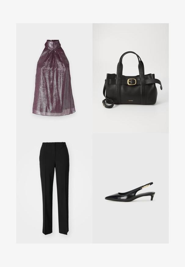 S mandevaba top sügavas ploomivärvitoonis metallilise läikega. Omab voltimist ja kõrget kaelust, luues struktureeritud silueti.; Mustad ja sirged püksid, millel on sile tekstuur ja teravad voldid esiosas. Ilma nähtavate detailideta.; Mustad nahast slingback kontsad terava ninaga, millel on õhuke konts ja kuldse tooni aktsent reguleeritaval rihmal. Sile tekstuur.; Must mustraga nahkakott, millel on struktureeritud disain, kaks ülemist kanda, kuldse tooni pandla aktsent ja esiküljel embosseeritud brändi logo.
