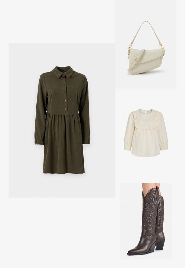 Krémová bavlnená blúzka s volánovým golierom a výšivkou, dlhými rukávmi s elastickými manžetami a zapínaním na gombík na chrbte.; Olive zelené kordurové šaty s dlhými rukávmi, gombíkovým zapínaním, klasickým golierom a rozšírenou sukňou. Obsahujú jemnú vertikálnu textúru s rybovaním.; Hnedé kožené kovbojské topánky s špicatou špičkou a blokovým podrážkou, so zložitým prešívaním a vyvýšenými akcentmi na puzdre.; Malá krémová kabelka s textúrovaným povrchom, dlhým nastaviteľným popruhom, reťazovým detailom a klopovým uzáverom. Zlaté kovové prvky.