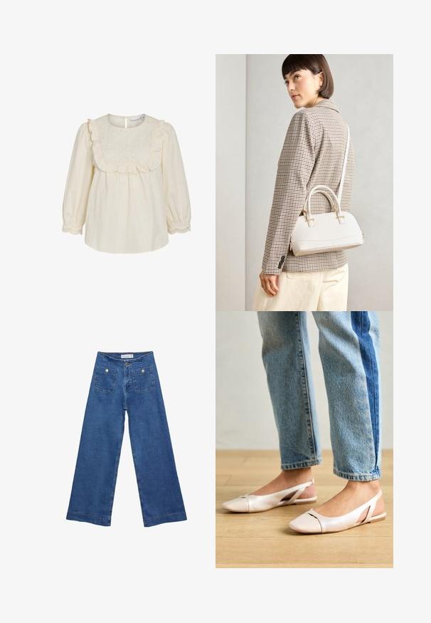 Krémová bavlněná blůza s volánovým límcem a výšivkou, dlouhými rukávy se elastickými manžetami a zapínáním na knoflík na zadní straně.; Džínové kalhoty širokého střihu s středně modrým omakem, dvěma předními kapsami se zapínáním na knoflíky a prošíváním podél lemů.; Světle růžové slingback baleríny s špičatou špičkou, vyrobené z hladkého koženému materiálu. Obsahují vystřihovací detaily po stranách a plochý podpatek.; Bílá strukturovaná kabelka s krátkými uchy a ramenním popruhem, zdobená zlatými kovovými prvky a texturovaným materiálem, vystavená na šedém pozadí.