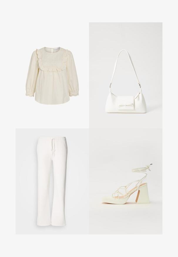 Vaaleancreme puuvillapaita, jossa on röyhelökaulus, brodeeraus, pitkät hihat, joustavat hihansuut ja nappikiinnitys takana.; Valkoiset, rento-fittiset collegehousut pehmeästä kankaasta, jossa on joustava vyötärönauha ja nyöri sekä suora lahjemuoto.; Valkoinen korkokenkä, jossa on paksu korko, ja joka sisältää nauhakiinnityksen ja nilkkaketjun. Sujuva pinta, jossa on platform-etupohja lisäkorkeutta varten.; Valkoinen synteettinen käsilaukku, jossa on kolmikulmainen muoto, tasainen etu läppä ja nauhadetail, säädettävä olkahihna, sileä rakenne ja minimalinen muotoilu.