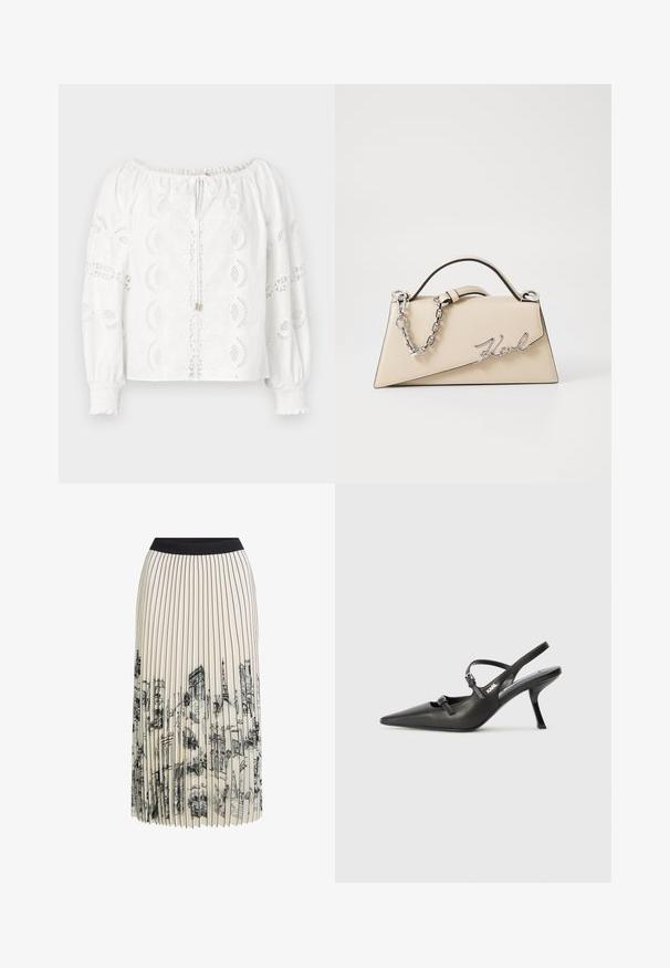 Camicia bianca con scollatura off-the-shoulder, maniche a sbuffo, dettagli in pizzo e parte anteriore arricciata. Completata con chiusura a fiocco e polsini arricciati.; Gonna plissettata color crema con una vita nera che presenta una stampa dettagliata di schizzi architettonici in nero, mettendo in evidenza vari progetti di edifici.; Scarpe slingback nere in pelle con punta affilata, tacco sottile e dettaglio decorativo a fibbia sulla tomaia. Texture liscia e design elegante.; Borsa a mano in pelle beige con una forma triangolare strutturata, dotata di un manico in catena argentata e di un logo in metallo scritto in corsivo.