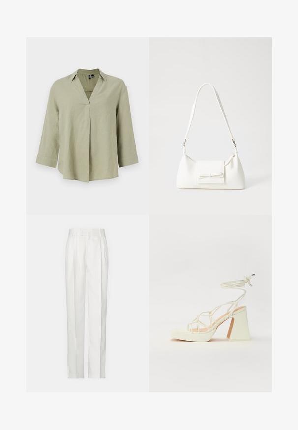 Olivengrønn lin skjorte med V-hals, lange ermer og avslappet passform. Har sømdetaljer i midten og oppbrettede mansjetter.; Hvite strikkede bukser med rette ben, laget av et lett stoff. Har folder foran og et tradisjonelt midjebånd.; Hvit høyhælte sandal med kraftig hæl, med en stroppe-design og ankelbånd. Glatt tekstur med plattform foran for ekstra høyde.; Hvit syntetisk håndveske med trekantet form, flat klaff foran og sløyfe detaljer, justerbar stropp, glatt tekstur og minimalistisk design.