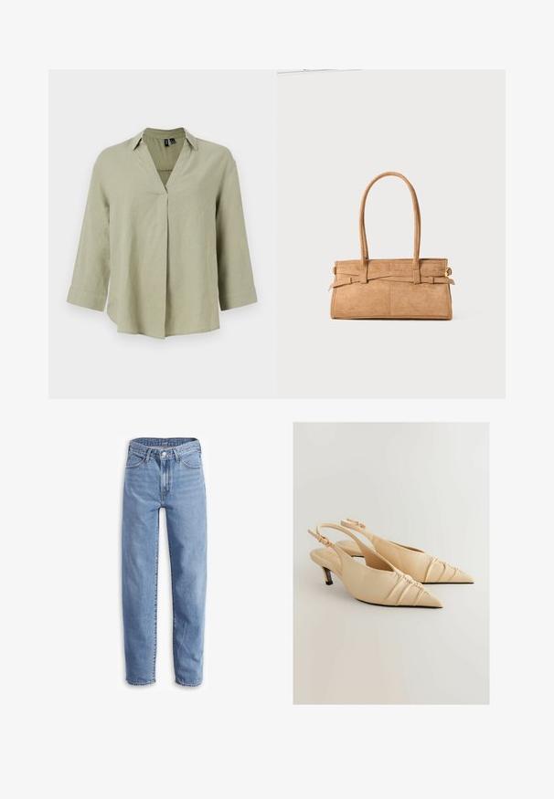 Olivgrünes Leinenhemd mit V-Ausschnitt, langen Ärmeln und lockerem Schnitt. Verfügt über eine mittige Nahtdetails und aufgerollte Bündchen.; Helle blaue Jeans aus Denim, mit entspannter Passform, geradem Bein, Fünf-Taschen-Design und ausgefransten Säumen für einen lässigen Look.; Beige Leder-Slingback-Absätze mit spitzem Zehenbereich und gerafftem Texturdetail. Verfügt über einen niedrigen Absatz und einen verstellbaren Knöchelriemen.; Tasche aus braunem Wildleder mit zwei langen Griffen, rechteckiger Form und dekorativer Naht. Verfügt über einen seitlichen Riemen und subtile goldene Hardwareakzente.