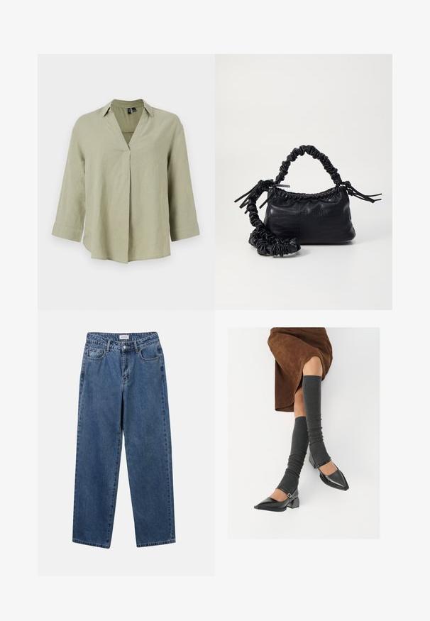 Olivengrønn lin skjorte med V-hals, lange ermer og avslappet passform. Har sømdetaljer i midten og oppbrettede mansjetter.; Klassiske blå denimjeans med rett ben-design, fem lommer og knappelukking. Har en middels vask og solid tekstur.; Sorte lakkpumps med spiss tå, blokkhel, og ankelstropp, kombinert med grå ribbestrikkede beinvarmere og et brunt semsket skinn skjørt.; Svart faux skinn-håndveske med krokodilletekstur, strammet topp og en rynket stropp. Ser myk og kompakt ut i designen.