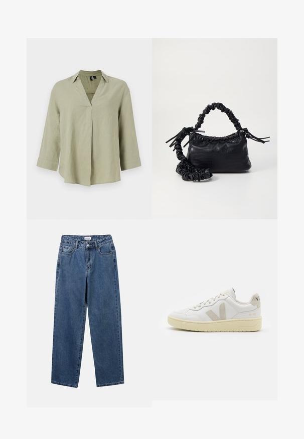 Olivengrønn lin skjorte med V-hals, lange ermer og avslappet passform. Har sømdetaljer i midten og oppbrettede mansjetter.; Klassiske blå denimjeans med rett ben-design, fem lommer og knappelukking. Har en middels vask og solid tekstur.; Hvite lær sneakers med beige semsket detaljer, perforert tåboks, flate lisser og en teksturert kremfarget såle. Har subtil branding på hælen.; Svart faux skinn-håndveske med krokodilletekstur, strammet topp og en rynket stropp. Ser myk og kompakt ut i designen.