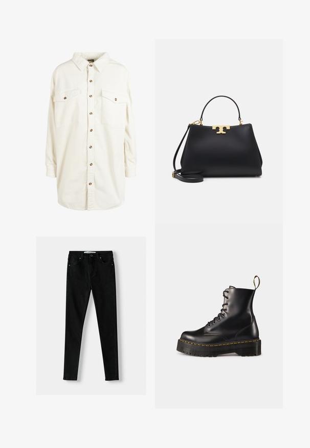 Krèmfaret kordfløjl langærmet skjorte med krave, brune knapper ned foran og to brystlommer med knap.; Hvid langærmet turtle-neck top lavet af glat, strækbart stof. Har en høj krave og tætsiddende design, uden synlige mønstre eller udsmykninger.; Sorte slim-fit jeans lavet af denim, med et klassisk fem-lomme design, lynlås foran og metalknaplukning. Glat tekstur hele vejen igennem.; Sorte læder snørebånd ankelstøvler med en kraftig sort sål og gul syning. Har en trækflap bagpå og runde metaløjer.; Sort læder håndtaske med en struktureret design, der har guldfarvet logo hardware og en aftagelig skulderrem. Glat tekstur.