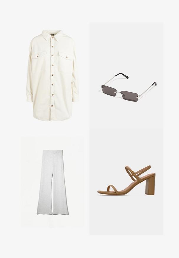 Crème kleurige corduroy blouse met lange mouwen, kraag, bruine knopen aan de voorkant en twee knoopzakken op de borst.; Lichtgrijze, wide-leg broek gemaakt van zachte stof, met een hoge tailleband en zijsplitten voor extra flow en comfort.; Lichtbruine hoge sandalen met twee slanke riemen en een vierkante blokhak. Glad materiaal met een minimaal ontwerp en een klein gouden gespdetail.; Zonnebril met rechthoekige, donkergrijze lenzen, zilveren metalen frames en zwarte kunststof uiteinden op de armen. Lichtgewicht ontwerp met neuspads.; Witte leren handtas met gouden beslag, voorzien van een flapsluiting en een afneembare, verstelbare band. Ronde metalen accenten in het midden.