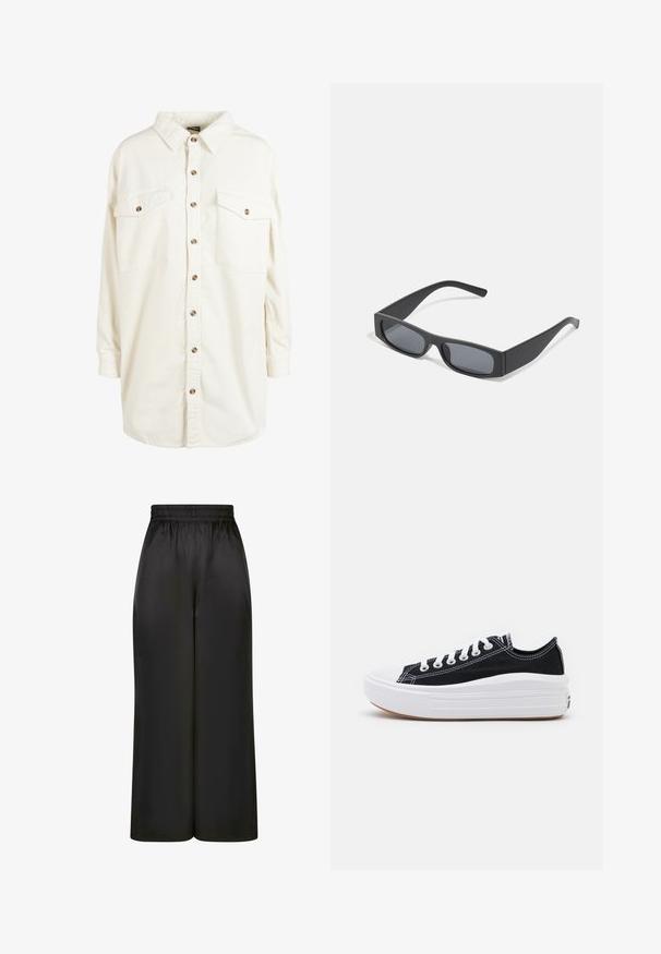 Cream-colored corduroy long-sleeve shirt with collar, brown buttons down front, and two buttoned chest pockets.; Black wide-leg pants made of smooth, shiny fabric with an elastic waistband and no visible pockets or hardware details.; Black canvas sneakers with white laces, white rubber toe cap, and a chunky white midsole. Features subtle white stitching and a gum sole.; Black rectangular sunglasses with dark lenses and thick matte frames. The arms are slightly tapered with a smooth texture.
