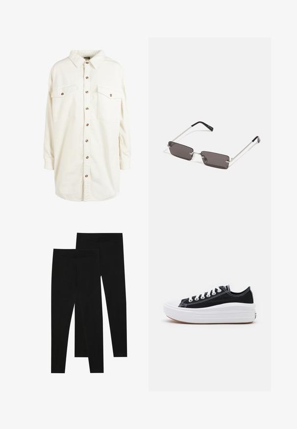 Camicia a maniche lunghe in velluto a coste color crema, con colletto, bottoni marroni sul davanti e due tasche sul petto con bottone.; Leggings neri realizzati in tessuto elastico, con una vita senza cuciture e un design slim fit, adatti per l'abbigliamento casual o per l'esercizio.; Sneaker nere in tela con lacci bianchi, punta in gomma bianca e una suola intermedia bianca e spessa. Presentano cuciture bianche sottili e una suola in gomma.; Occhiali da sole con lenti rettangolari di colore grigio scuro, montatura in metallo argentato e punte nere in plastica sulle asticelle. Design leggero con cuscinetti per il naso.