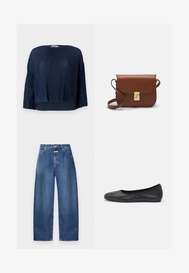 Jūrinės mėlynos spalvos susiraukšlėtas viršus su apvalia apykakle, plačiomis rankovėmis ir trumpu apvadu. Audinys atrodo minkštas, tekstūruotas ir laisvas.; CLOSED JAZZIE - Platėjantys džinsai - mid blue denim; Juodai odiniai baletai su apvaliu pirštu, lygi texture, minimalus siuvimo detales ir lanksčiu padų dizainu.; Ruda odinė rankinė su uždaromu dangteliu, aukso spalvos detalėmis, petneša ir lygiu paviršiumi. Kompaktiška stačiakampio formos.