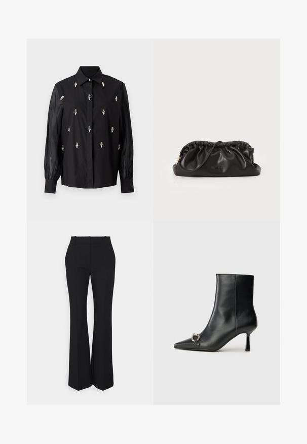 Black shirt featuring a structured design, with sheer sleeves and silver decorative accents positioned vertically across the front.; Black pleated trousers with a straight-leg design, made from a smooth fabric. Features a high waist and invisible side pockets.; Black leather ankle boot with pointed toe, slim mid-height heel, and silver buckle detail on side against plain background.; Black leather clutch bag with gathered top, zip closure, and gold hardware accent. Smooth texture with embossed logo detail.