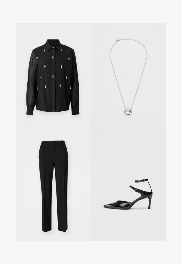 Cămașă neagră cu un design structurat, având mâneci transparente și accente decorative argintii dispuse vertical pe față.; Pantaloni negri tailor-ed cu un design drept, având o textură fină și cute clare pe față. Fără elemente de prindere vizibile.; Cizme cu toc din piele lacuită neagră, cu vârf ascuțit, curele reglabile la gleznă și un toc subțire. Textură netedă cu un finisaj lucios.; Colier cu pandantiv din argint, cu un design neted și rotunjit, având două accente decupate. Dispune de o lanț subțire și un închizător sigur.