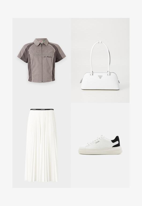 Lyhythihainen, vetoketjullinen paita harmaana, valkoisilla yksityiskohdilla ja brodeeratulla "GUESS ORIGINALS Los Angeles" -tekstillä. Sileä kangas ja rakenteellinen kaulus.; Hame valkoinen pliseerattu hame mustalla joustavalla vyötäröhihnalla, jossa on "LACOSTE"-logo. Puolipitkä malli pehmeällä tekstuurilla.; Valkoiset nahkakengät paksulla valkoisella pohjalla, mustalla mokkanahkaosuudella kannassa ja kohokuvioitu logo sivulla. Nauhakeskitys kuudella reiällä.; Valkoinen nahkalaukku, jossa on kaareva muoto, hopeinen kolmion muotoinen logo ja vetoketjukiinnitys. Liukas pinta ja kaksinkertaiset kahvat.