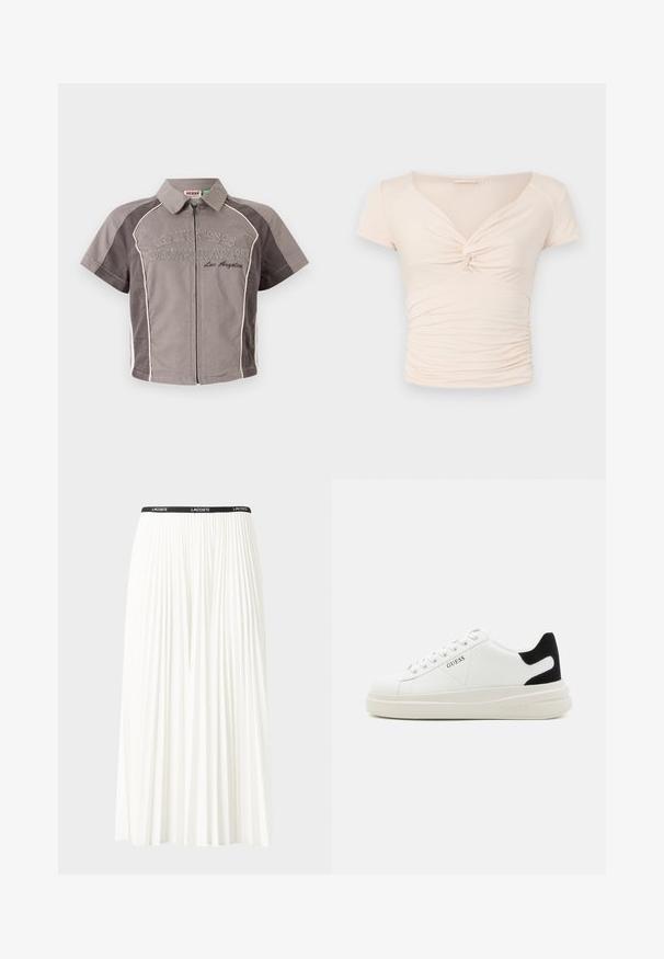 Koszulka z krótkim rękawem, z zamkiem z przodu, w kolorze szarym z białymi detalami i haftowanym napisem "GUESS ORIGINALS Los Angeles". Gładki materiał z wyraźnie zarysowanym kołnierzykiem.; Jasnobeżowa bluzka z krótkim rękawem z dekoltem w kształcie litery V i skręconym detalem z przodu, z marszczonym wykończeniem po bokach dla dopasowanego fasonu.; Plisowana biała spódnica z czarnym elastycznym pasem z logo "LACOSTE". Średniej długości, o miękkiej teksturze.; Białe skórzane sneakersy z grubą białą podeszwą, czarnym zamszowym akcentem na pięcie oraz wytłoczonym logotypem z boku. Projekt z sznurówkami i sześcioma dziurkami.