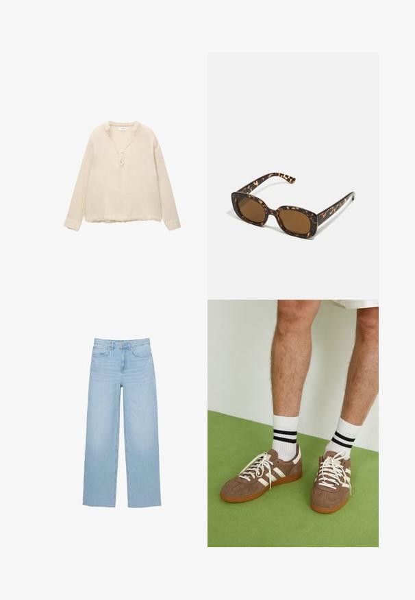 Cămașă lungă cu mâneci dintr-un material bej deschis, texturat, având decolteu în V cu margini volanate și trei nasturi la piept, cu o croială lejeră.; Jeans de denim de culoare albastru deschis, cu picioare largi, talie înaltă, croi dreapt și design cu cinci buzunare, având o tiv clar.; Adidași maro din suede cu accente și șireturi albe. Talpă din cauciuc de culoare caramel. Purtați cu șosete albe cu dungi negre. Pardoseală verde texturată.; Ochelari de soare cu chelă de broască țestoasă, având un cadru rotund și voluminos, cu lentile maro. Prezintă modele subtile și brațe drepte, conice.; Zign LEATHER - Geantă de pânză - light brown