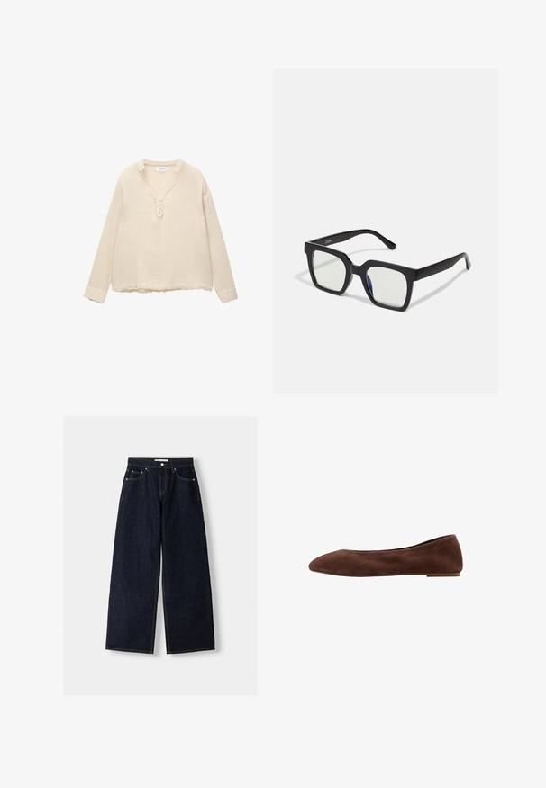 Lys beige langærmet skjorte i krøllet stof med V-hals, flæser langs kanten og tre knapper ved brystet, i en løs pasform.; Mørkeblå denim wide-leg jeans med høj talje, fem lommer, kontraststing og sølvfarvet metalbeslag. Glat overflade og pæn finish.; Brune suede balletflade med spids tå, flad sål og glat tekstur. Strømlinet design uden synlig hardware eller accenter.; Sorte firkantede solbriller med mat finish, udstyret med transparente linser og en svag blå nuance på den ene side. Robust, vinkelret design.; Brun og creme farvet koe læder skuldertaske med en glat læderrem, lynlås lukning og en blød, tekstureret overflade med et naturligt mønster.